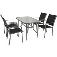 DEGAMO PINO: Garnitur 5-teilig (4x Staplesessel mit Armlehnen, 1x Tisch 70x120cm), Gestell Stahl grau, Bezug Kunstgewebe schwarz, Tischplatte Glas