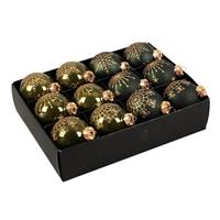 Bellatio 12x Stuks Luxe Glazen Gedecoreerde Kerstballen Donkergroen 7,5 Cm - Kerstbal