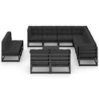 vidaXL 12-delige Loungeset met kussens massief grenenhout zwart