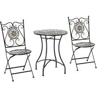 Outsunny tuinset 3-delige mozaïektafel eetgroep tuinmeubelset 1 tafel + 2 opklapbare stoelen terras metaal meerkleurig