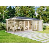 Alpholz 5-Eck Gartenhaus Liwa mit Anbau Gartenhaus aus Holz, Holzhaus mit 40 mm Wandstärke inklusive Terrasse FSC zertifiziert, Blockbohlenhaus mit