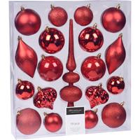 Bellatio Compleet Kerstballenpakket Rode Kunststof Kerstballen Met Piek 19-delig