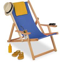 Relaxdays - Liegestuhl Holz, klappbarer Strandstuhl, 3 Positionen, 100kg, Sonnenstuhl mit Armlehnen & Getränkehalter, blau