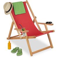 relaxdays Liegestuhl Holz, klappbarer Sonnenstuhl, 3 Positionen, bis 100 kg, Armlehne Getränkehalter, Buchenholz, rot