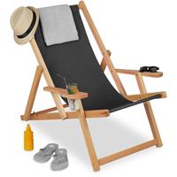 relaxdays Liegestuhl Holz, klappbarer Strandstuhl, 3 Positionen,100 kg, Armlehnen & Getränkehalter, Sonnenstuhl, schwarz