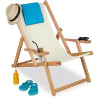 Relaxdays - Liegestuhl Holz, klappbarer Strandstuhl, 3 Positionen,100 kg, Armlehnen & Getränkehalter, Sonnenstuhl, beige