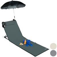RELAXDAYS Strandmatte, gepolsterte Strandliege XXL m. Sonnenschirm, 3-stufig verstellbar, Kopfkissen, tragbar, anthrazit