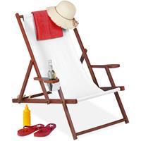 Relaxdays - Liegestuhl Holz Stoff, klappbar, 3 Liegepositionen, mit Armlehnen & Getränkehalter, 120 kg, Strandstuhl, weiß
