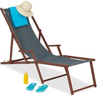 Relaxdays - Liegestuhl Holz Stoff, 3 Liegepositionen, Gartenliege mit Armlehnen & Fußablage, 120kg, Sonnenliege, anthrazit