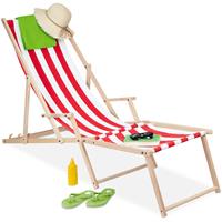 Relaxdays - Liegestuhl Holz & Stoff, 3 Liegepositionen, mit Armlehne & Fußteil, bis 120kg belastbar, Gartenliege, weiß/rot