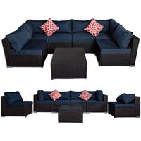 MUCOLA Gartenmöbel Sitzgruppe Sofa 7 tlg. Schwarz Blau Sitzkissen Lounge Polyrattan Set Möbel Sitzgarnitur Couch Gartenset Terrassenmöbel Essgruppe