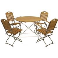 DEGAMO Kurgarten - Garnitur BAD TÖLZ 5-teilig (2x Stuhl, 2x Armlehnensssel, 1x Tisch rund 100cm), Flachstahl verzinkt + Robinie, klappbar