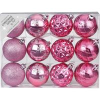 Bellatio Set Van 12x Luxe Roze Kerstballen 6 Cm Kunststof Mat/glans - Onbreekbare Plastic Kerstballen - Kerstboomversiering Roze