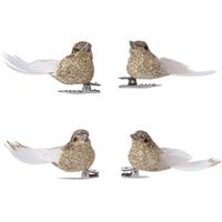 Bellatio 4x Decoratie Glitter Vogeltjes Goud Op Clip 5 Cm - Kerstboom Decoratie Vogeltjes - Kerstboomversiering