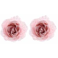 Bellatio 2x Kerstboom Decoratie Roos Poeder Roze 14 Cm - Kerstversiering Roze Rozen Met Glitters 2 Stuks