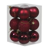 Bellatio 12x Donkerrode Kunststof Kerstballen 6 Cm - Glans/mat/glitter - Onbreekbare Plastic Kerstballen Donkerrood