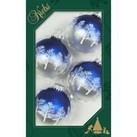 Bellatio 4x Stuks Luxe Glazen Kerstballen 7 Cm Blauw/zilver Met Bomen - Kerstbal