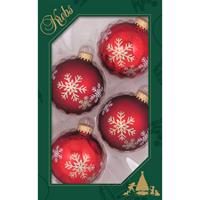 Bellatio 4x Stuks Luxe Glazen Kerstballen 7 Cm Rood Met Sneeuwvlok - Kerstbal