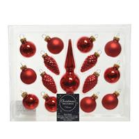 Decoris Kerst Rode Glazen Kerstballen En Piek Set Voor Mini Kerstboom 15-dlg - Kerstversiering/kerstboomversiering Kerst Rood