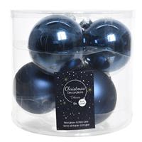 Decoris 6x Donkerblauwe Glazen Kerstballen 8 Cm - Glans En Mat - Glans/glanzende - Kerstboomversiering Donkerblauw