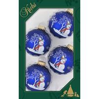 Bellatio 4x Stuks Luxe Glazen Kerstballen 7 Cm Blauw Met Sneeuwpop - Kerstbal