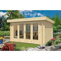 Alpholz Gartenhaus Java-44 B ISO mit großer Falttür Gartenhaus aus Holz, Holzhaus mit 44 mm Wandstärke FSC zertifiziert, Blockbohlenhaus mit
