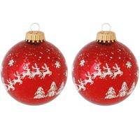 Bellatio 8x Glazen Glanzende Kerstballen Rood Met Arrenslee Opdruk 7 Cm - Kerstbal