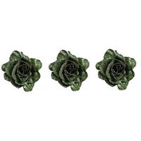 Bellatio 3x Groene Roos Met Glitters Op Clip 10 Cm - Kerstversiering - Groene Kerstboomversiering