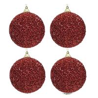 Decoris 6x Kerstballen Kerst Rode Glitters 8 Cm Met Kralen Kunststof Kerstboom Versiering/decoratie - Kerstbal