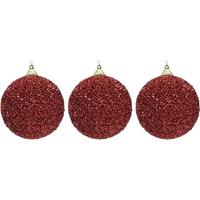 3x Kerstballen Kerst Rode Glitters 8 Cm Met Kralen Kunststof Kerstboom Versiering/decoratie - Kerstbal