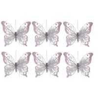 Bellatio 6x Witte Decoratie Vlinders Op Clip 15 Cm - Woondecoratie/hobby/kerstboomversiering Vlinders