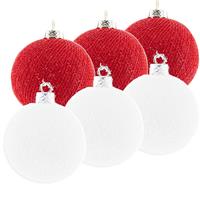 6x Rood/witte Cotton Balls Kerstballen Decoratie 6,5 Cm - Kerstbal