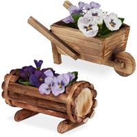 RELAXDAYS Pflanzengefäß Holz, 2 Stück, Pflanzschubkarre & halbes Blumenfass, Gartendeko, zum Bepflanzen, rustikal, natur