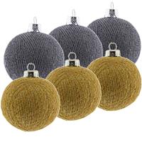 6x Grijze En Gouden Kerstballen 6,5 Cm Cotton Balls Kerstboomversiering - Kerstbal