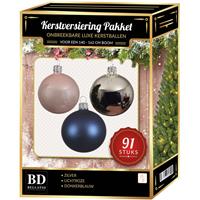 Bellatio Kerstballen Set 91-delig Voor 150 Cm Boom - Zilver/donkerblauw/lichtroze Kerstversiering