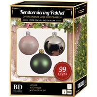 Bellatio Kerstboomversiering Set 99-delig Voor 150 Cm Boom - Zilver/lichtroze/donkergroen Kerstversiering