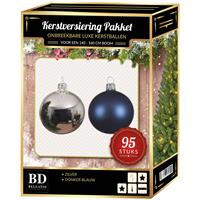 Bellatio 95 Stuks Kerstballen Mix Zilver-donkerblauw Voor 150 Cm Boom - Kerstballen Pakket