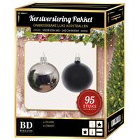 Bellatio 95 Stuks Kerstballen Mix Zilver-zwart Voor 150 Cm Boom - Kerstballen Pakket