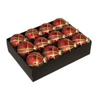 Bellatio 24x Luxe Glazen Gedecoreerde Ruitjes Kerstballen Rood 7,5 Cm - Kerstbal