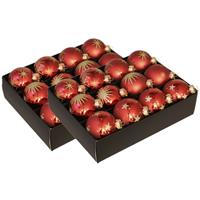 Bellatio Kerstboomversiering 24x Luxe Glazen Kerstballen Rood/goud 7,5 Cm - Kerstbal