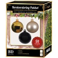 Bellatio Kerstbal En Piek Set 91x Goud-champagne-zwart Voor 150 Cm Boom - Kerstboomversiering