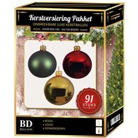 Kerstbal En Piek Set 91x Licht Goud-donkergroen-rood Voor 150 Cm Boom - Kerstboomversiering