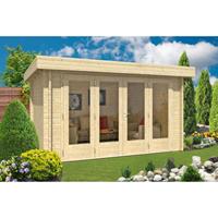 Alpholz Gartenhaus Java-44 A ISO mit großer Falttür Gartenhaus aus Holz, Holzhaus mit 44 mm Wandstärke FSC zertifiziert, Blockbohlenhaus mit