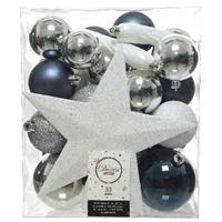 Decoris 33x Blauw/wit/zilveren Kunststof Kerstballen 5-6-8 Cm ix - Onbreekbare Plastic Kerstballen