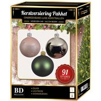Kerstbal En Piek Set 91x Zilver-donkergroen-lichtroze Voor 150 Cm Boom - Kerstboomversiering