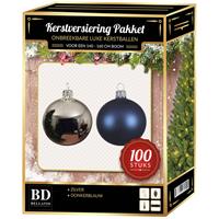 Bellatio Luxe Kerstboomversiering Set 100-delig Voor 150 Cm Boom - Zilver En Donkerblauw Kerstversiering