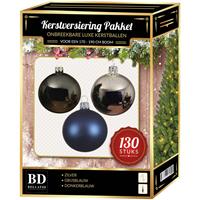 Bellatio Kerstbal En Piek Set 130x Zilver-grijsblauw-donkerblauw Voor 180 Cm Boom - Kerstboomversiering