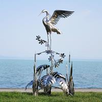 Gartentraum.de Große Vogelskulptur aus Metall - Reiher sitzt auf Schilf - Atadia / Stahl - Rost