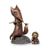 Gartentraum.de Bronzeskulpturen Fuchs mit Flöte und Prinzenfigur - Fuchs und Prinz