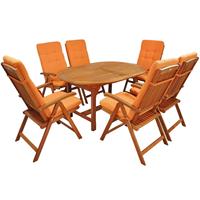 Gartentraum.de Schöne 6er Sitzgarnitur aus Holz mit Stuhlauflagen und Ausziehtisch - Acerosae 6-Sitzer Auflagen / Orange